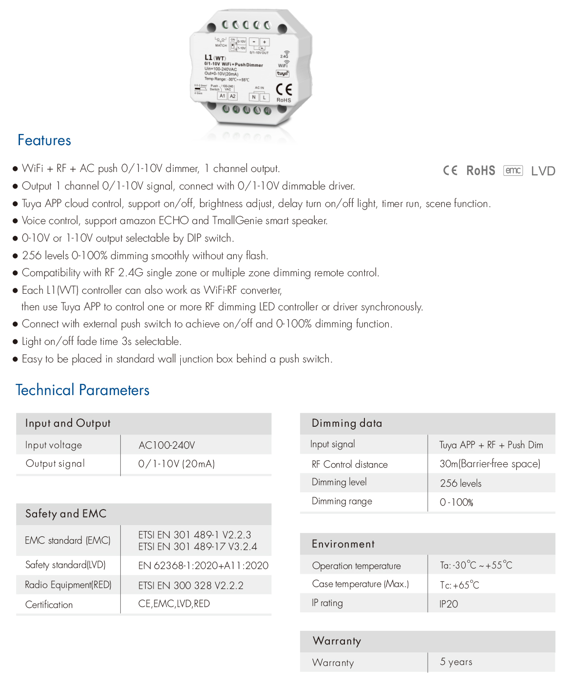 0/1-10V WiFi + RF + Push Dimmer L1(WT)