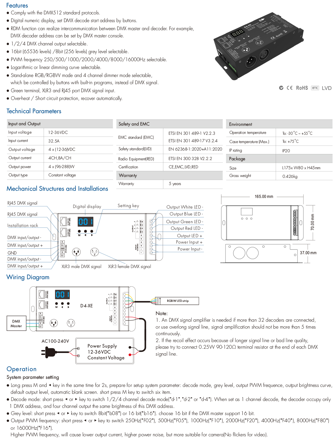 4CH 8A Constant Voltage or Constant Current DMX512 & RDM Decoder D4-XE